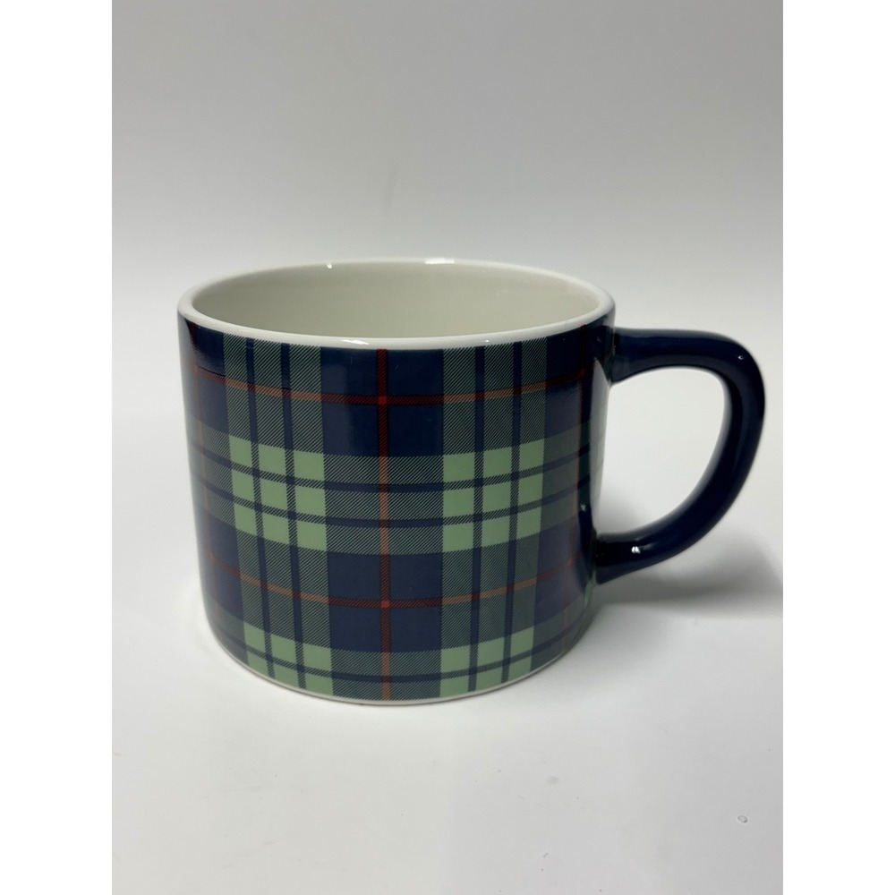 Crate & Barrel Plaid Coffee Mug Navy Blue Green Tartan Ceramic Cup